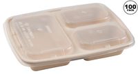 [100 Pack] 36 oz 3 Compartment Compostable Food Storage Container with Lids - Biodegradable, Sugarcane, Plant Fiber, Heavy Duty, Microwavable, Tree Free, Ecofriendly, Lunch Trays, Meal Prep, Bento