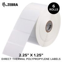 Zebra - 2.25 x 1.25 in Direct Thermal Polypropylene Labels, PolyPro 4000D Permanent Adhesive Shipping Labels, Zebra Desktop Printer Compatible, 1 in Core - 6 Rolls