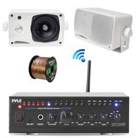 Pyle WiFi Bluetooth Stereo Amplifier 240-Watt Home Theatre Receiver, 2X 3.5 200 Watt 3-Way Weatherproof Mini Box Speakers (White), Enrock Audio Spool of 50 Foot 16-Gauge Speaker Wire (2 Speakers)