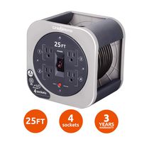 Link2Home Cord Reel 25 ft. Extension Cord 4 Power Outlets - 16 AWG SJT Cable, Grey