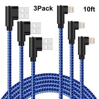 90 Degree iPhone Charger 10ft Lightning Cable 10ft Right Angle iPhone Charger Cable Fast Charging iPhone Cable 10ft 3 Pack Nylon Braided Charger Cord Compatible iPhone/iPad/iPod (Blue Black,10ft)