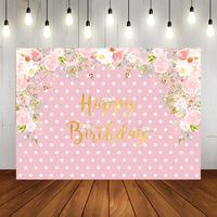Sweet Pink Floral Birthday Backdrop Watercolor Flowers Golden White Dots Happy Birhtday Photography Background Baby Girl's 1st Birthday Party Decoration Table Cake Banner