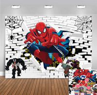 White Brick Wall Spiderman Photo Background 7x5ft Polyester Superhero Cityscape Spider Web for Children Baby Boys Birthday Party Banner Decorations Baby Shower Supplies