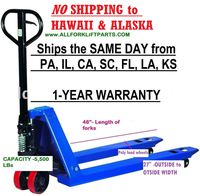PALLET JACK 27x48. CAPACITY - 5,500 Lbs. HAND PALLET TRUCK STANDARD