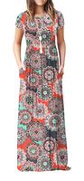VIISHOW Women's Short Sleeve Floral Print Scoop Neck Loose Plain Maxi Dresses Casual Long Dresses with Pockets(Round Floral Orange XS)