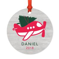 Andaz Press Personalized Round Metal Christmas Ornament, Plane with Christmas Tree, 1-Pack, Includes Ribbon and Gift Bag, Custom Name