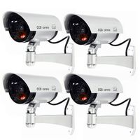 WALI Bullet Dummy Fake Surveillance Security CCTV Dome Camera Indoor Outdoor with 1 Flashing LED Light and Security Alert Sticker Decals S1-4 (Silver), 4 Pack