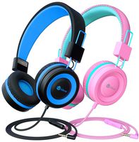 iClever Kids Headphones 2 Pack - Wired Headphones for Kids with MIC, Volume Control Adjustable Headband, Foldable - on Ear Headphones Kids for School iPad Tablet Kindle Airplane,Blue/Pink