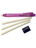 Faber-Castell Pen Mechanical Stick Retractable Eraser Set with 2 Extra Refills + 1 FREE Faber-Castell Sharpener (assorted colors) For School Kids Office Home (Purple)