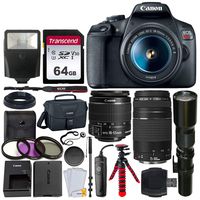 Canon EOS Rebel T7 Digital SLR Camera + EF-S 18-55mm is II Lens + EF 75-300mm Lens + 500mm Telephoto Lens + Canon Bag + Filter Kit + 64GB Memory Card + Flash + Remote + Tripod - Professional Bundle