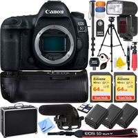 Canon 1483C002 EOS 5D Mark IV 30.4 MP Full Frame CMOS DSLR Camera Body Bundle with 2X 64GB Memory Card, Microphone, 3X Battery, 1 Year Extended Warranty and Accessories (16 Items)