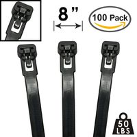 8" Nylon Reusable Releasable Cable Ties - 50 lbs - 100 Pack - Black