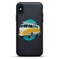 Lifestyle: VW Bus Design | Luxendary Leather Series Slim Edition Case w/Genuine Leather Back & 3D Printed Design for iPhone Xs/X (5.8") in Pitch Black