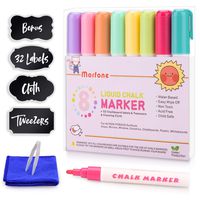Liquid Chalk Markers, Morfone Chalkboard Marker Pens 8 Colors Reversible Bullet and Chisel Tip for Non Porous Surfaces Chalkboards Windows Glass Plastic (Bonus 32 Labels, Cleaning Cloth and Tweezers)