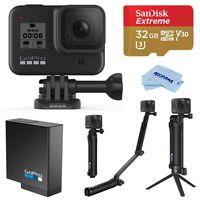GoPro HERO8 Black, Waterproof Action Camera with Touch Screen 4K UHD Video 12MP Photos, Selfie Stick Bundle with GoPro 3-Way 3-in-1 Mount, Battery, 32GB microSD Card, Microfiber Cloth