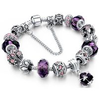 Morenitor Beaded Bracelet Handmade Carved Sterling Silver Plated Snake Chain Charm Bracelet for Women 19.5cm (Purple)