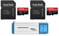 128GB SanDisk Micro SDXC Extreme Pro Memory Card (Two Pack) Works with DJI Mavic 2, Pro, Zoom, Spark, Phantom 4, Quadcopter 4K UHD V30 Video Drone Plus (1) Everything But Stromboli 3.0 Card Reader