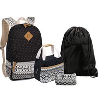 Ufoyer 4Pcs School Backpacks Set,Canvas Lightweight Laptop Travel Backpack + Lunch Bag +Pencil Case +Polyester Drawstring Daypack for Teen Girls(Polka Dot Black)