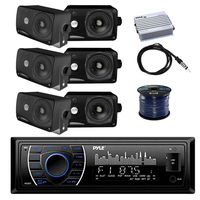 Pyle PLRMR27BTB Marine Bluetooth Receiver Stereo(Black) w/Pyle 3.5" 200W 3-Way Weather Proof Mini Box Speakers(3-Pairs), Pyle 4-Chan 400W WP Marine Amp, Enrock Marine Antenna & 50' 16G Speaker Wire