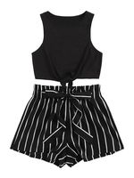 SweatyRocks Women's 2 Piece Casual Striped Print Crop Tank Top with Shorts Set Black S