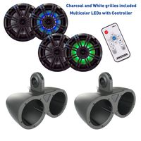 Kicker 6.5 Inch KM-Series Marine Speaker Bundle 41KM84LCW with Dual Black Wake Tower Enclosures and LED Remote