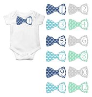 Gift Set of 12 Bowtie Keepsake Photography Monthly Baby Stickers with Coastal Designs, Anchors and Whales BT027