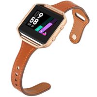 Aiseve Slim Leather Bands Compatible for Fitbit Blaze, Thin Tapered Wristband Rose Gold Metal Frame Clasp for Fitbit Blaze Small Large Women Men (Small, Brown/Rose Gold)
