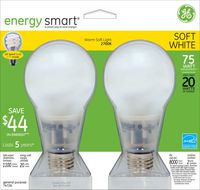 GE 74726-6 20-Watt Energy-Smart Covered Glass CFL Light Bulbs, 75-Watt Output, 6-Pack