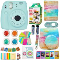 Fujifilm Instax Mini 9 Camera Blue + Bundle Includes; Instant Camera + Fuji Instax Film (20 PK) + Tie Dye Rainbow Camera Case + Frames + Selfie Lens and Album and More Kit