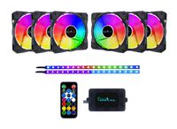 Apevia FR612L2S-RGB Frostblade 120mm Silent Addressable RGB Color Changing LED Fan with Remote Control, 16x LEDs & 8X Anti-Vibration Rubber Pads w/ 2 Magnetic Addressable LED Strips (6+2-pk)