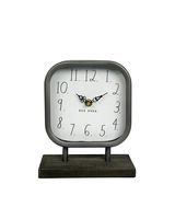 Rae Dunn Desk Clock - Battery Operated Modern Metal Rustic Design with Wooden Base for Bedroom, Office, Kitchen - Small Classic Analog Display - Chic Home Décor for Desktop Table, Countertop