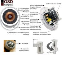 OSD Audio 6.5" In-Ceiling Speaker Pair - 150W Stereo Speakers, Pivoting Tweeter - ICE640
