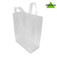 8x4x10" 100 Pcs. Frosted Clear Plastic Bags with Handles, Shopping Bags, Gift Bags, Take Out Bags with Cardboard Bottom