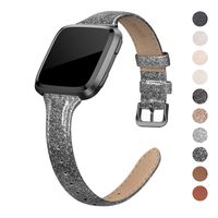 QusFy Genuine Leather Bands Compatible with Fitbit Versa 2 / Fitbit Versa Lite & SE/Fitbit Versa, Slim Thin Leather Band Replacement Strap for Versa Women (5.7" - 7.8"), Black, Champagne, Rose Gold