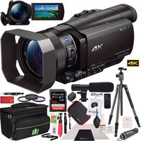 Sony FDR-AX100/B 4K Camcorder Bundle with 64GB Memory Card, Aluminum Travel Tripod with Ball Head, Camera Bag, 62mm Filter kit, Shotgun Microphone and Cleaning Kit