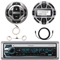 Kenwood Single DIN Marine Boat Yacht USB CD Player Bluetooth Stereo Receiver, Kenwood Digital LCD Display Wired Remote, Kenwood Wired Remote, 22" AM/FM Antenna, 7 Meter - 22 Ft Extension Cable