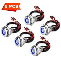 5Pcs 19mm 12V Waterproof ON OFF Latching Push Button Switch with Wiring Harness and Led Indicator Light, 24V Pre-wired SPDT Self-locking 4 Pin Marine Metal Switch for Boats Cars Truck (Blue)
