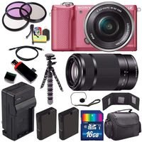 Sony Alpha a5000 Mirrorless Digital Camera with 16-50mm Lens (Pink) + Sony E 55-210mm f/4.5-6.3 OSS E-Mount Lens 16GB Bundle 22 - International Version (No Warranty)