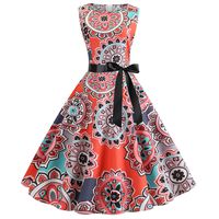 Prom Dresses for Women,Women Vintage 1950s Retro Sleeveless O Neck Print Evening Party Prom Swing Dress Orange