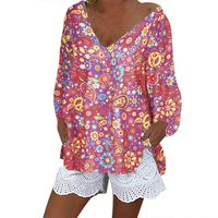 Women's Bohemian V Neck Tunic Tops Puff Sleeve Floral Print T Shirt High Low Hem Flowy Blouse Summer Beach Loose Tee Plus Size Hot Pink M