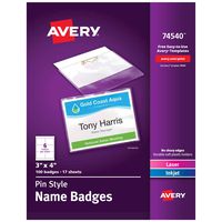 Avery Pin Style Name Badges, Print or Write, 3" x 4 ", Pins Securely, 100 Inserts & Pin Badge Holders (74540), White
