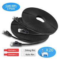 TBMax 2 Pack Cat6 Ethernet Cable 50ft, Black Flat Cat 6 Network Cable with Installed Clips & Labels, High Speed LAN Cable for Computer, Router 50 ft