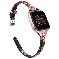 TOYOUTHS Slim Strap Compatible with Fitbit Versa/Versa 2/Versa Lite/Versa SE Bands for Women Men Thin Genuine Leather Replacement Wristbands Handmade Watch Band Accessories Black/Pink Floral