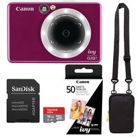 Canon Ivy Cliq+ Ruby Red Instant Camera Printer Bundle with Zink Paper (50 Sheets), Camera Bag and 16GB MicroSD Memory Card