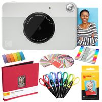 Kodak Printomatic Instant Camera (Grey) Art Bundle + Zink Paper (20 Sheets) + 8x8 Cloth Scrapbook + 12 Twin Tip Markers + 100 Border Stickers + 6 Decorative Scissors + Washi Tape
