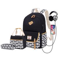 Delapuy Canvas Waterproof Backpack Set for College Girls Women USB Charging Port Fits 14" Laptop Backpack Daypack School Bookbag(Black)