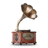 LuguLake Bluetooth Phonograph Record Player Turntable, Library Vintage Phonograph Gramophone with Copper Horn, Built-in Independent subwoofer 3.5mm Aux-in/ USB/FM for Home, Office