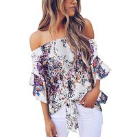 Cold Shoulder Tops for Women,BOLUBILUY Off The Shoulder Flare Sleeve Shirts Floral Print Summer Twist Knot Front Tee Purple