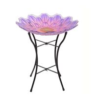 Peaktop Garden Handpainted Flower Fusion Glass Birdbath With Metal Stand, 21.2" Height, Pink/Purple