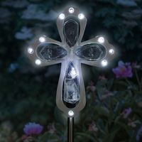 Exhart Solar White Cross Memorial Stake w/ 12 LED Lights - Christian Cross Yard Stake in Clear Acrylic - Features Solar LED Decor Lights - Holy Cross Garden Art, 4 X 34" Pure White